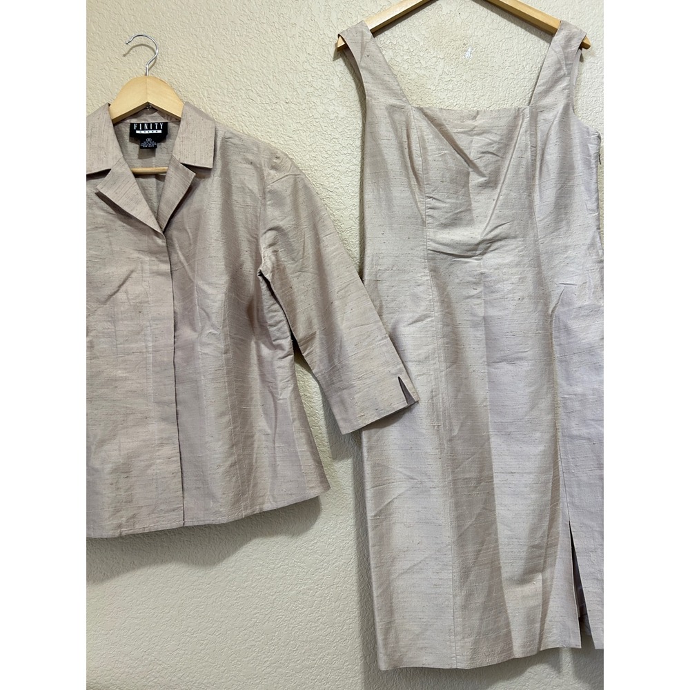 Finity 8 Silk Dress Jacket Set Beige Champagne dupioni Silk Sheath Lagenlook